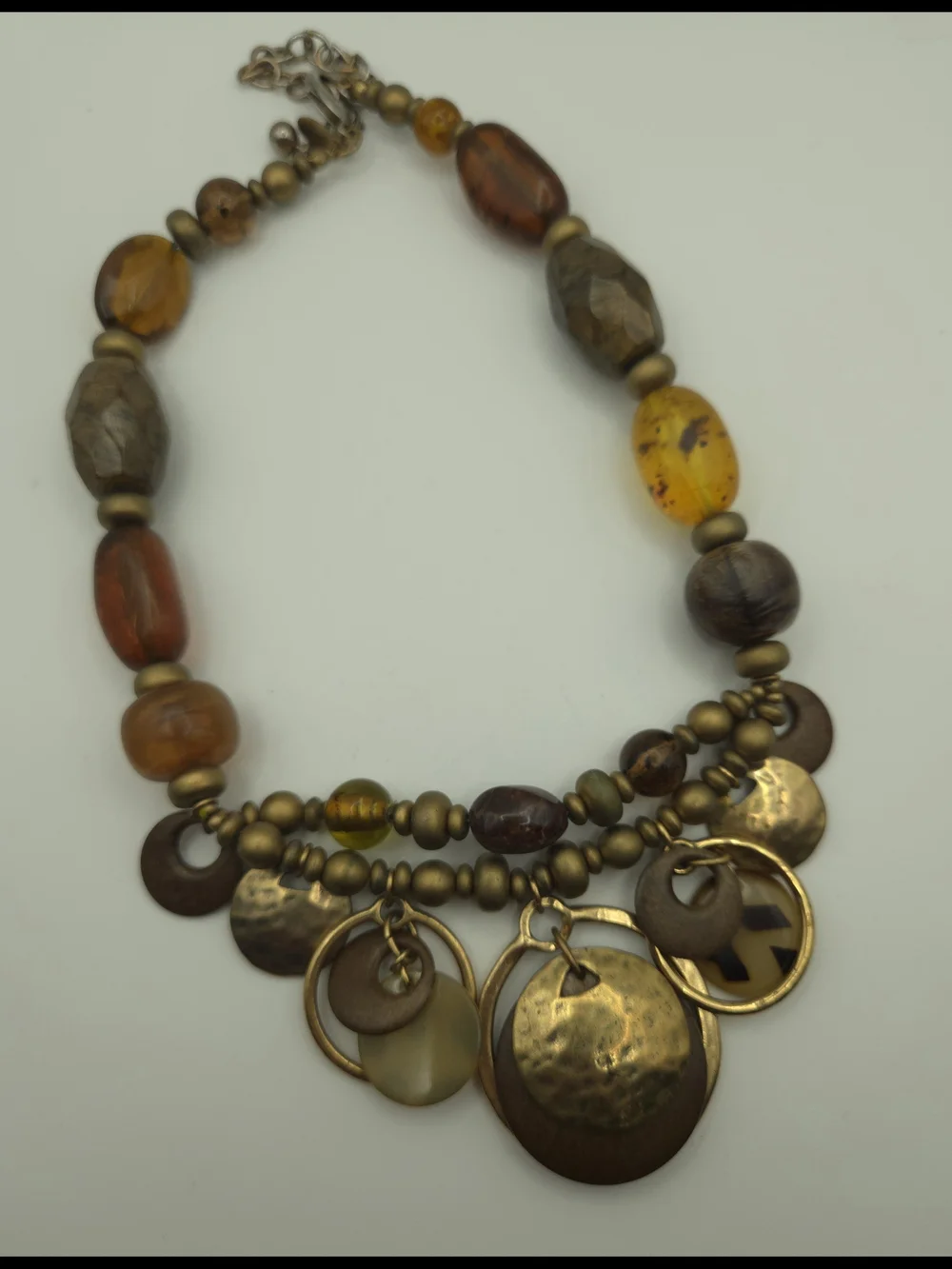 Chico's Multi-Media Bead Amber Brass Disc Brown Layered Necklace Rustic Boho Art